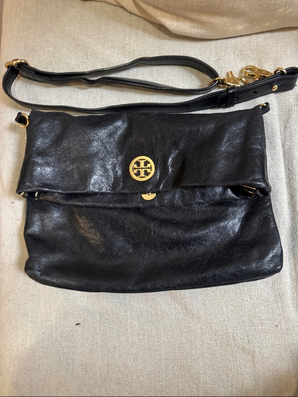 Tory Burch Black Leather Fold-Over Crossbody with Gold Emblem